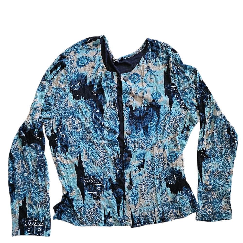 Vibrant Blue Patterned Button-Up Top - image 1